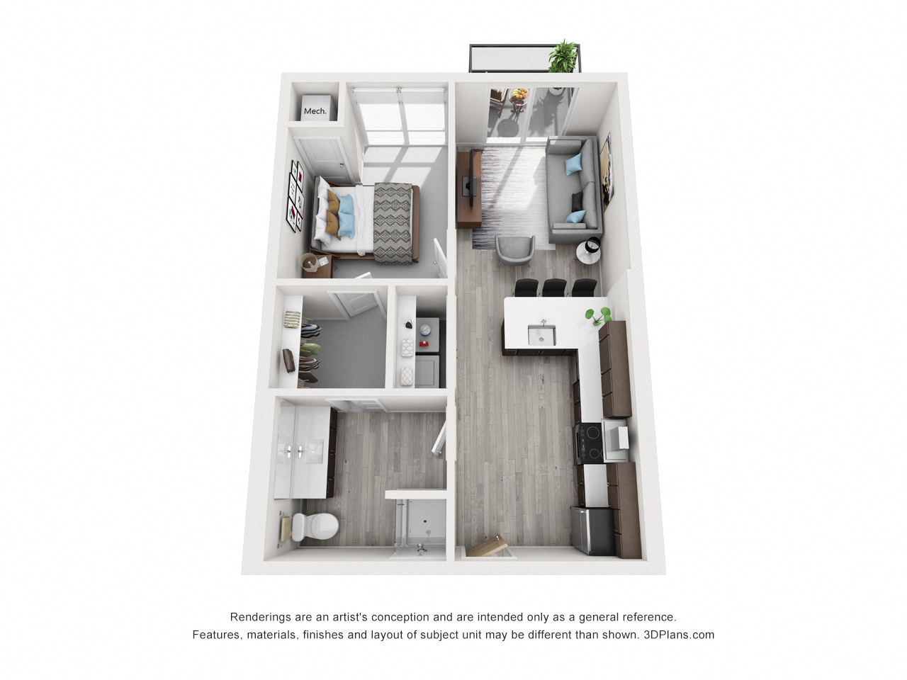 Floor plan for 1 bed, 1 bath, 610 sqft